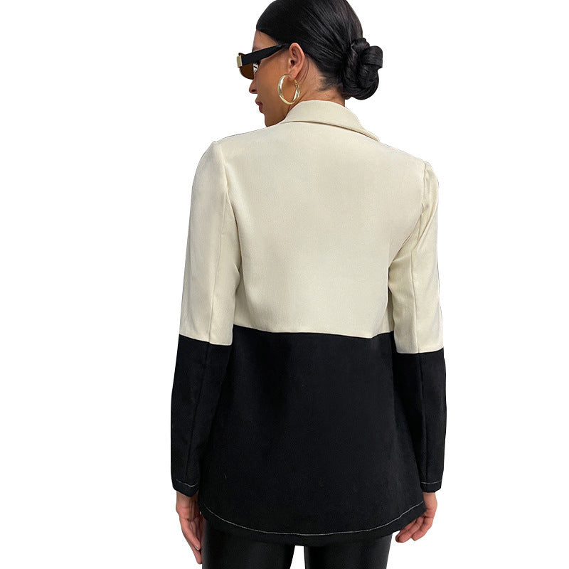 New Black And White Patchwork Button Long Sleeve Mid Length Suit Top - AMAZEALL