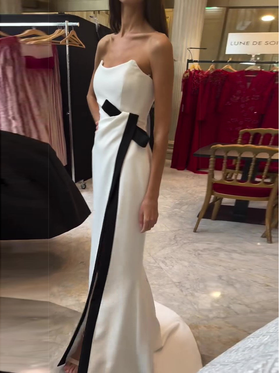 Strapless Black And White Contrasting Slit Dress - AMAZEALL