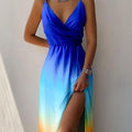 V-neck Slip Dress Low Cut Printed Slit Dress - AMAZEALL