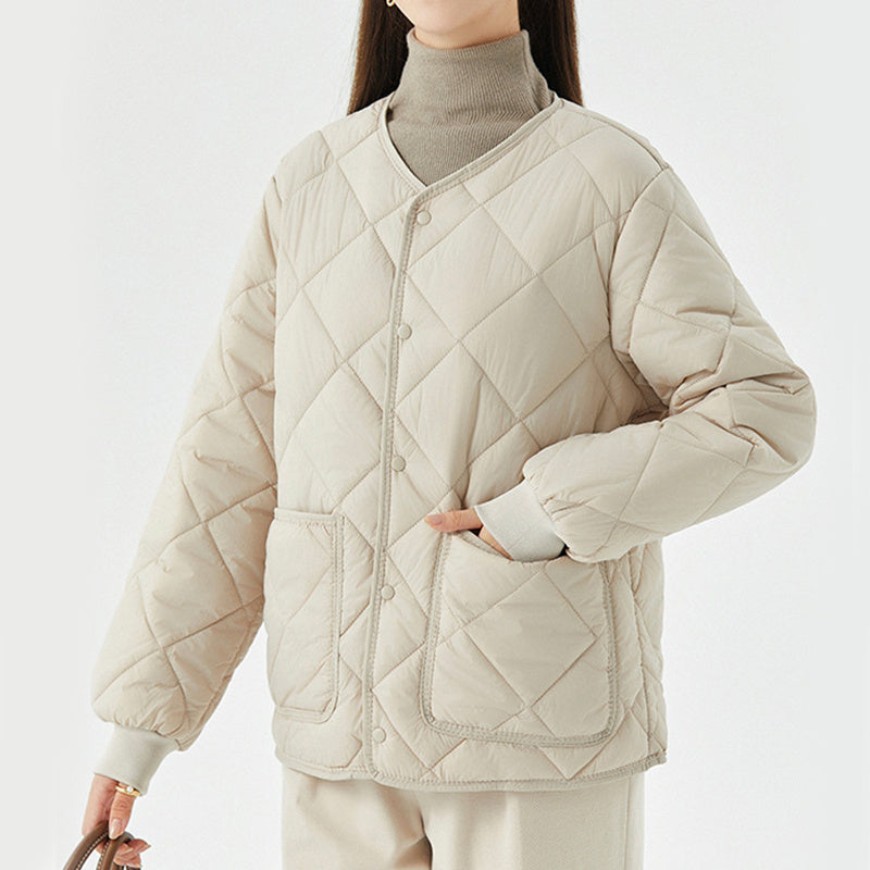 New Rhombus Sewing Cotton Coat Winter Warm Round-neck Jacket With Pockets Lightweight Outerwear For Women's Clothing - AMAZEALL