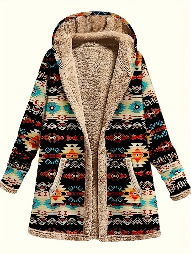 Cotton And Linen Printed Hoodie Warm Plush Coat - AMAZEALL