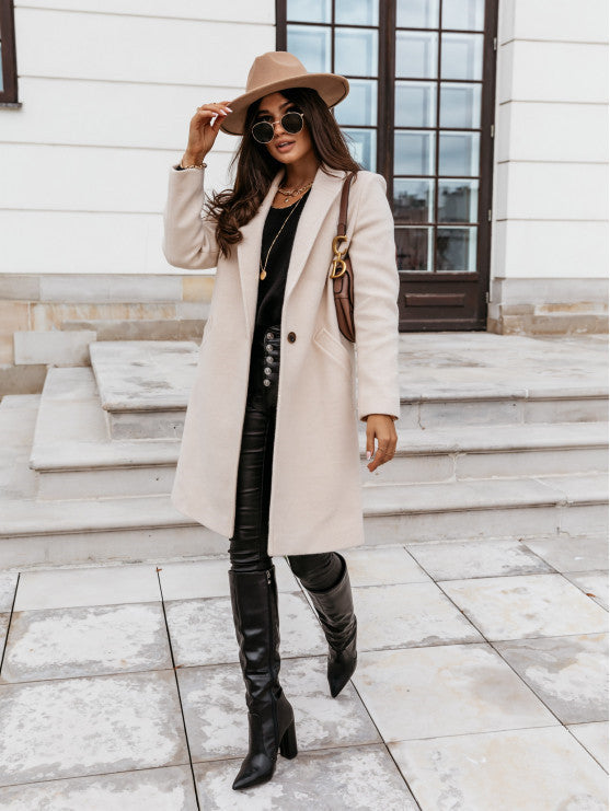 Solid Color Lapel Mid Length Button Wool Coat - AMAZEALL