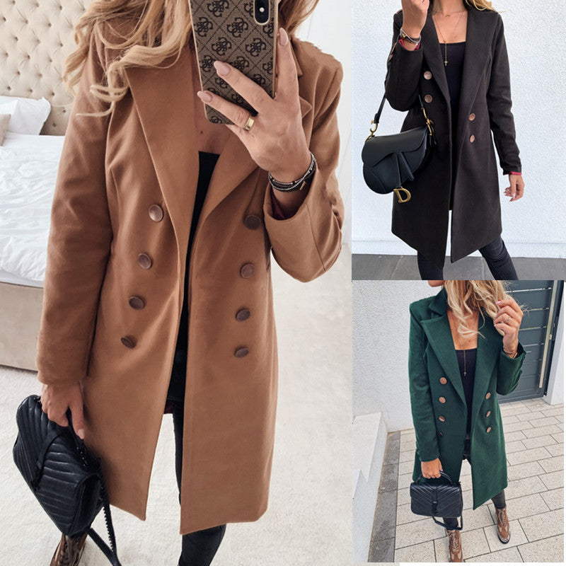 Autumn And Winter Solid Color Long-sleeved Double-breasted Mid-length Woolen Top Coat - AMAZEALL