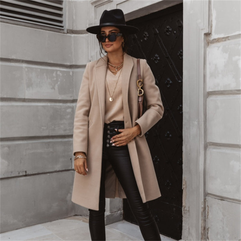European And American Woolen Lapel Single Button Urban Trench Coat - AMAZEALL
