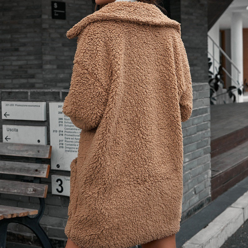 Single Breasted Bubble Fleece Jacket Loose Lapel Lamb Fleece Trench Coat - AMAZEALL
