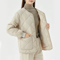 New Rhombus Sewing Cotton Coat Winter Warm Round-neck Jacket With Pockets Lightweight Outerwear For Women's Clothing - AMAZEALL