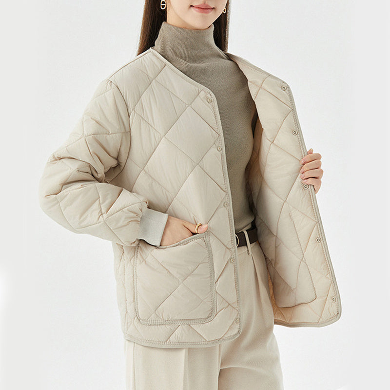 New Rhombus Sewing Cotton Coat Winter Warm Round-neck Jacket With Pockets Lightweight Outerwear For Women's Clothing - AMAZEALL
