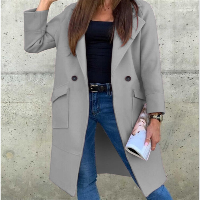 Autumn And Winter Solid Color Long-sleeved Suit Collar Button Pocket Wool Coat - AMAZEALL