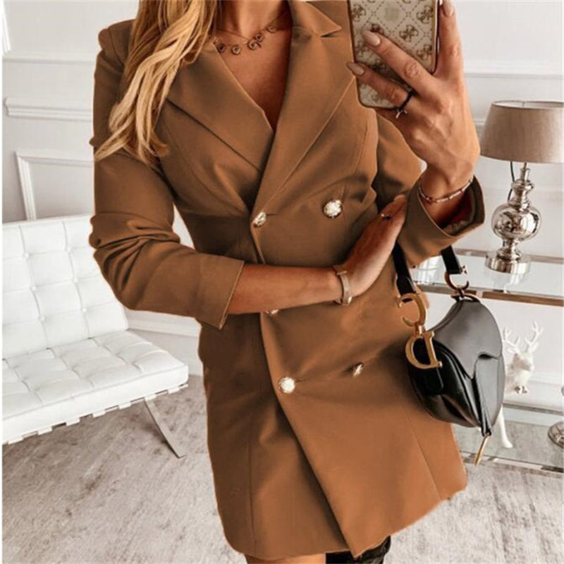 Autumn Winter Long Sleeve Solid Color Double Breasted Women's Small Blazer - AMAZEALL