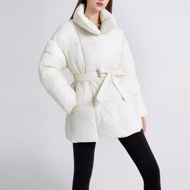 Winter Plaid Sewing Lapel Coat With Lace-up Design Fashion Loose Solid Thick Jacket Outerwear Women's Clothing - AMAZEALL