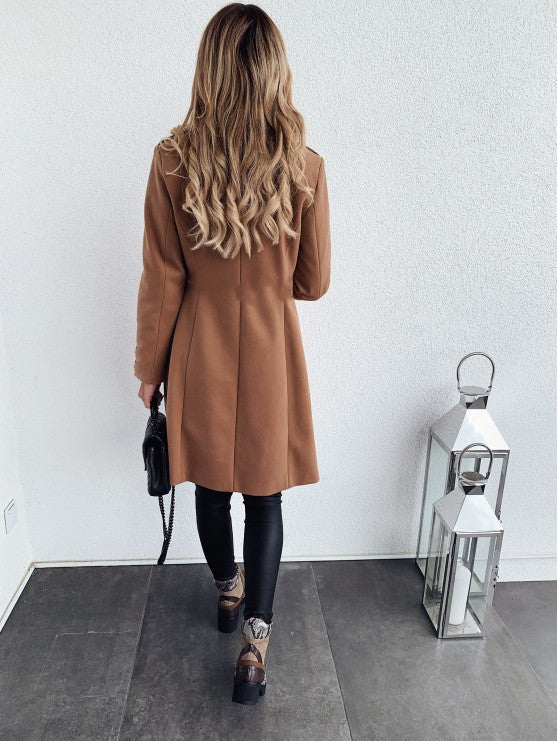 Autumn And Winter Solid Color Long-sleeved Double-breasted Mid-length Woolen Top Coat - AMAZEALL