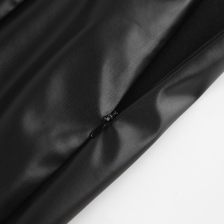 Slit Leather Sexy Mid Length Skirt High Waist Skirt - AMAZEALL