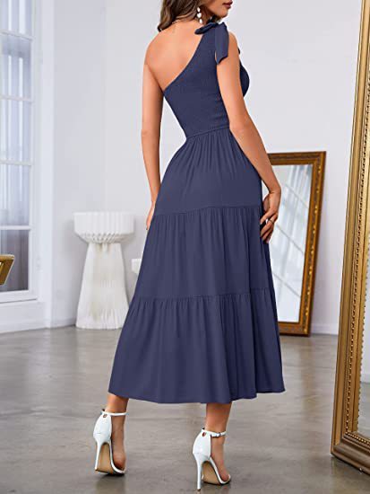 New Summer Fashion Women's One-shoulder Pleated Layered Hem Split Dress - AMAZEALL