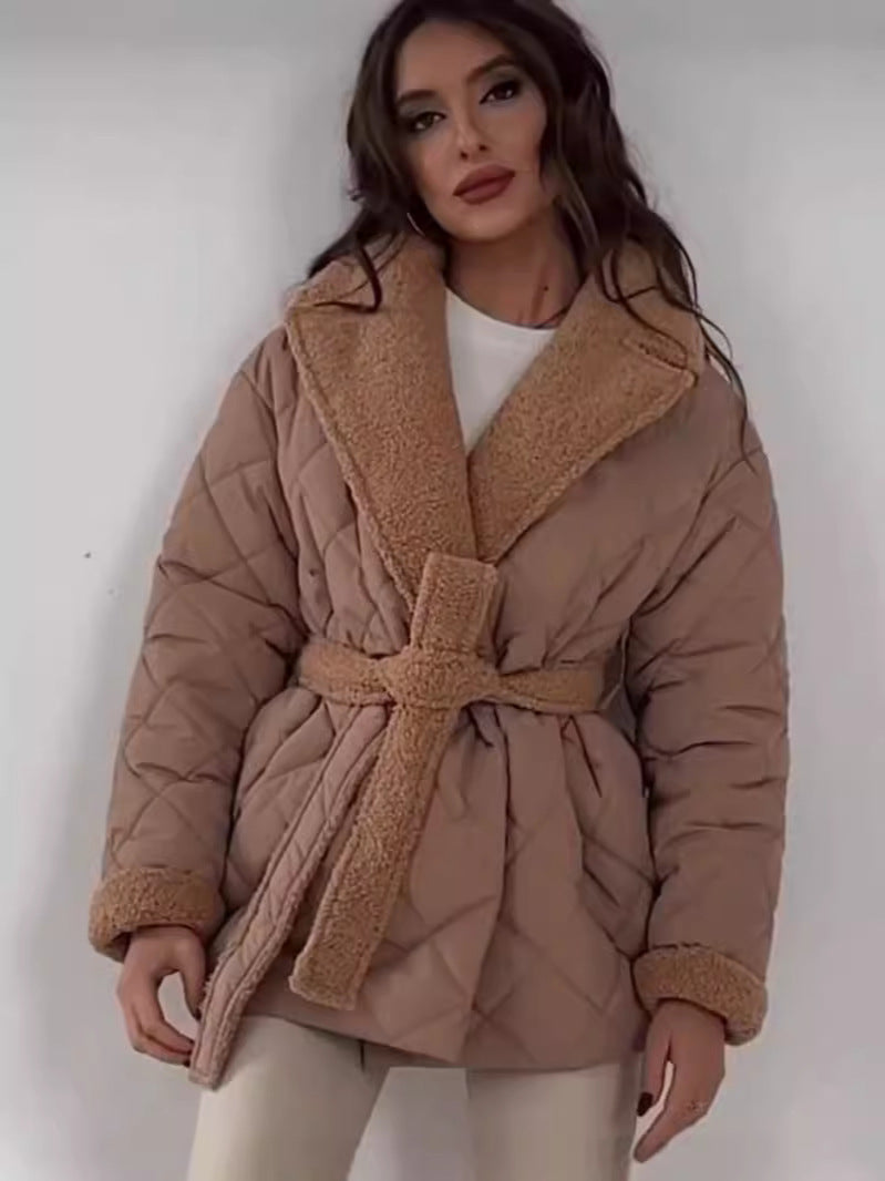 Winter Lapel Plaid Coat Fashion All-match Waist-tied Design Coat For Women Outwear Clothing - AMAZEALL