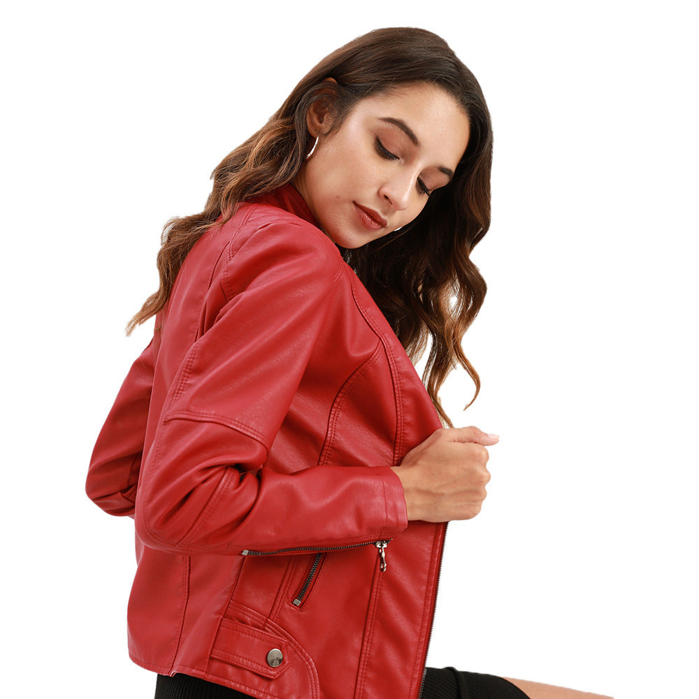 Biker Oversized Stand Collar Leather Jacket - AMAZEALL