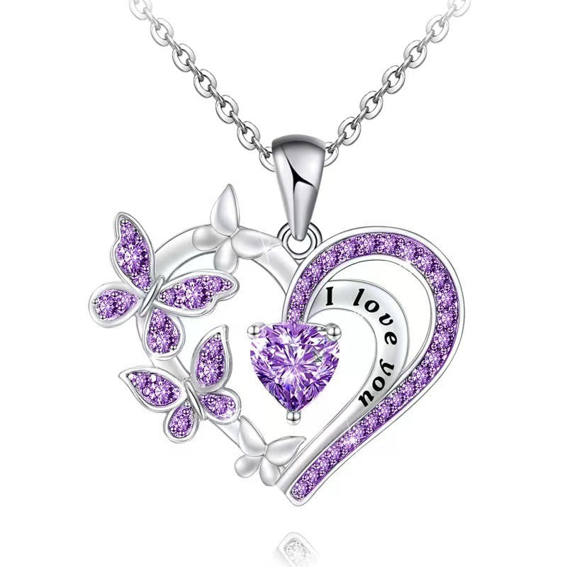 Ins Butterfly Love Necklace With Rhinestones Fashion Personality Hollow Heart-shaped Clavicle Chain Pendant Necklace For Valentine's Day - AMAZEALL