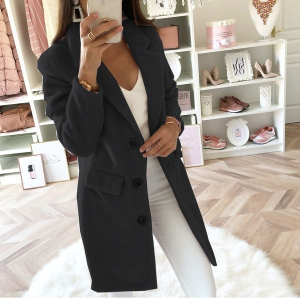 Solid Color Suit Collar Mid-Length Double-Breasted Woolen Coat - AMAZEALL