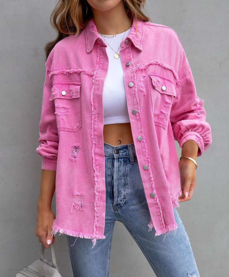 Women's Oversized Frayed Lightweight Denim Jacket Button Down Ripped Distressed Jean Shacket - AMAZEALL