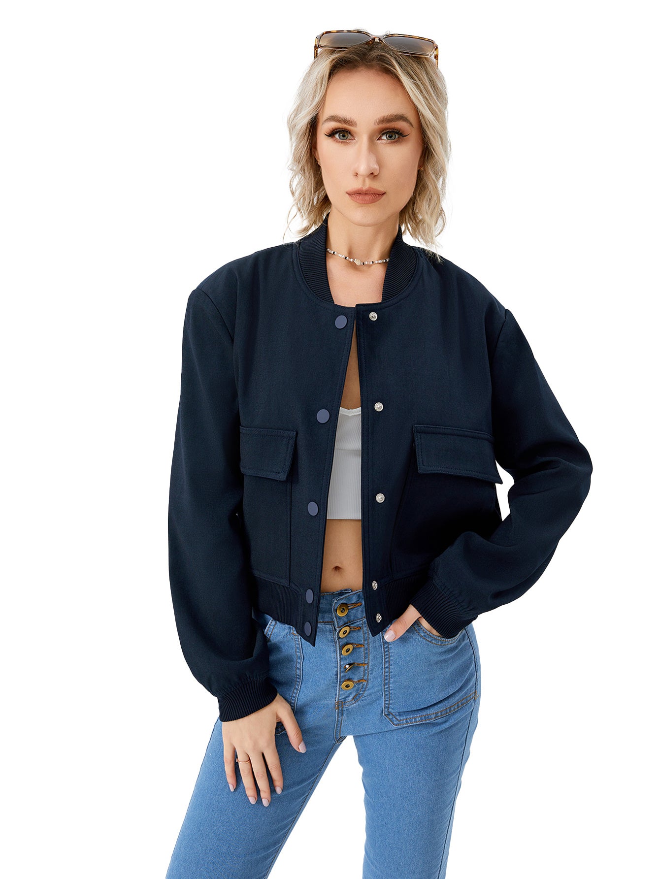 Women's Lightweight Cropped Bomber Jacket Casual Long Sleeve Varsity Jacket With Pocket Fashion Y2k Jacket Streetwear - AMAZEALL