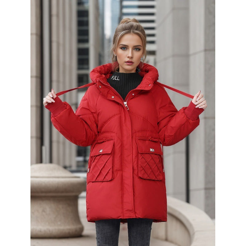 Winter Warm Hooded Coat With Pockets Fashion Solid Color Thicken Straight Cotton Jacket For Women Outerwear Clothing - AMAZEALL